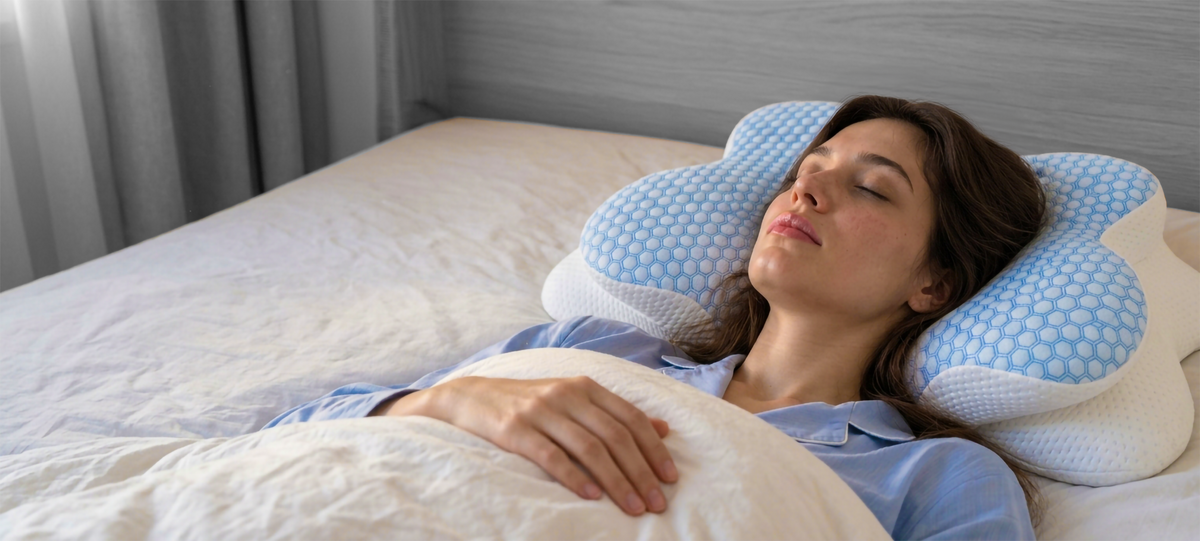 The butterfly-shaped Ergonomic Lotus Pillow in use