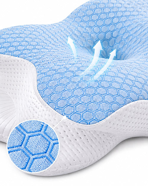 Close-up of the Lotus Pillow's patterned breathable cover