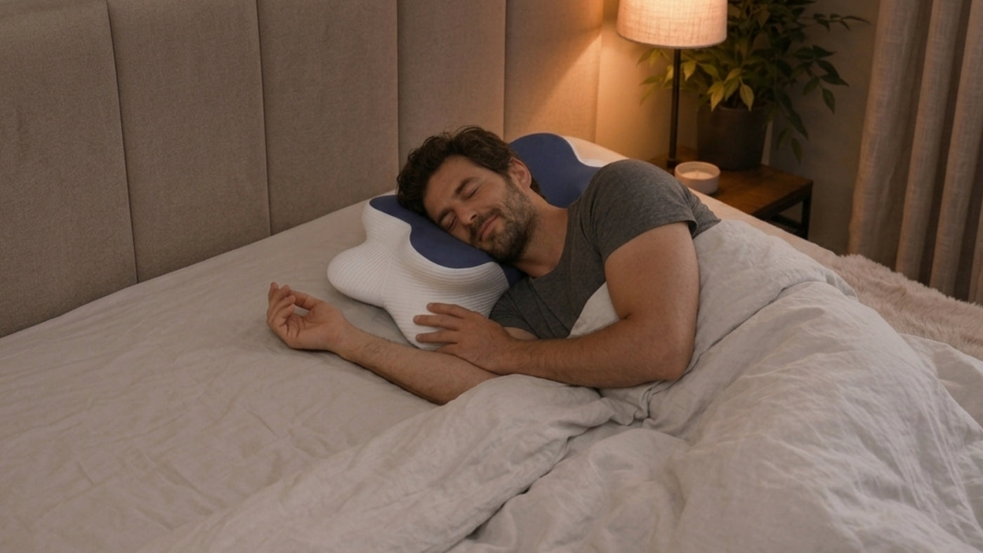 The Lotus pillow held up in a bedroom