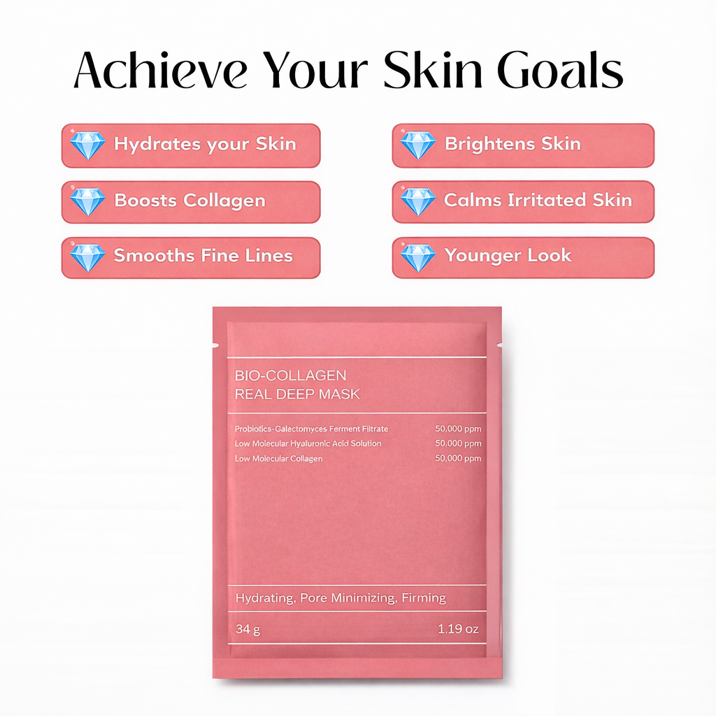 Bio-Collagen Real Deep Mask packaging with text highlighting skin benefits on a white background