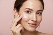 A women putting on her skin care routine, looking at the screen, no products, just a cream on her hand that she's putting on her face. The background is pink, but very light pink