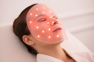 O woman using a red light therapy mask The background is pink, but very light pink